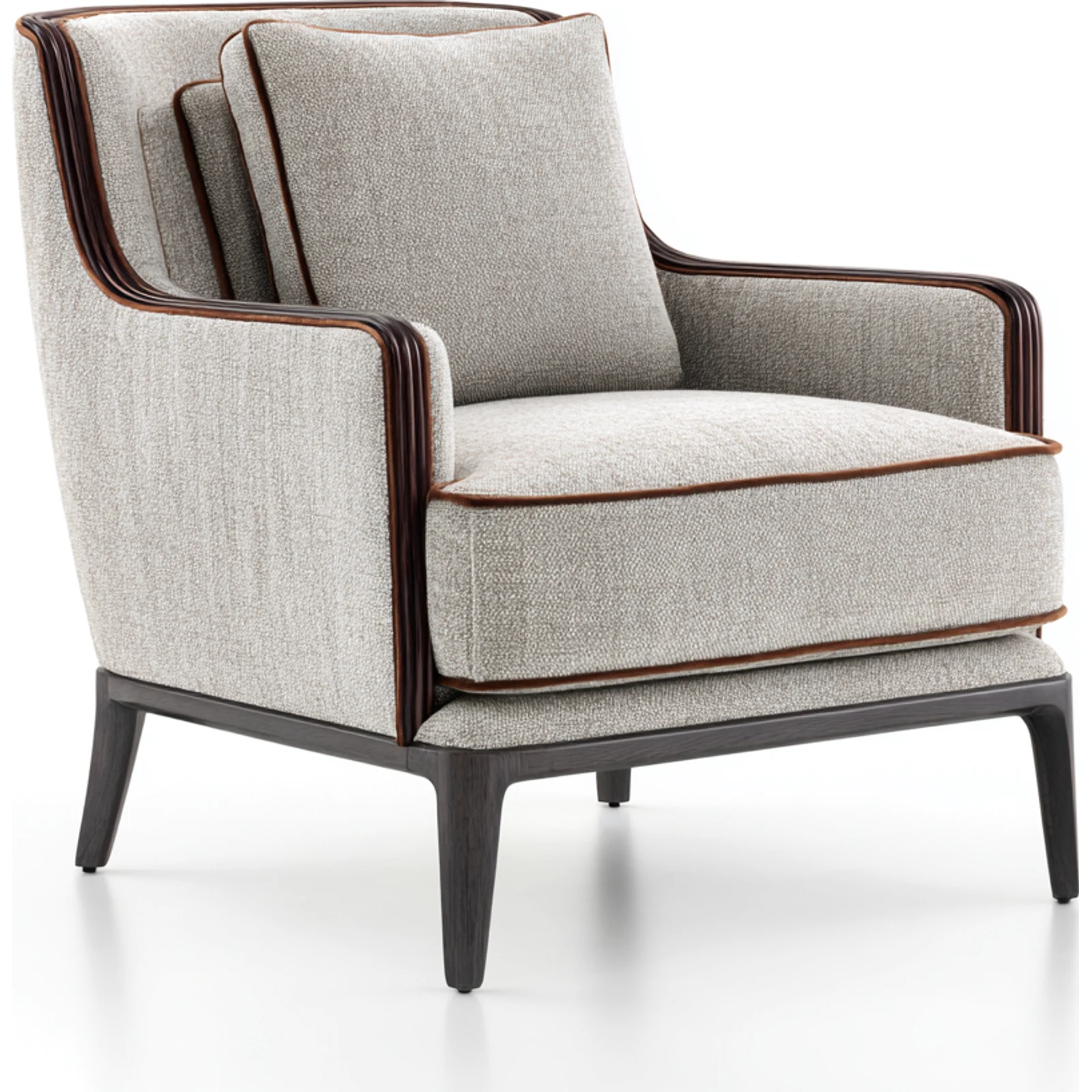 Elegant lounge chair with rich veneer frame, light fabric upholstery, and refined piping details.