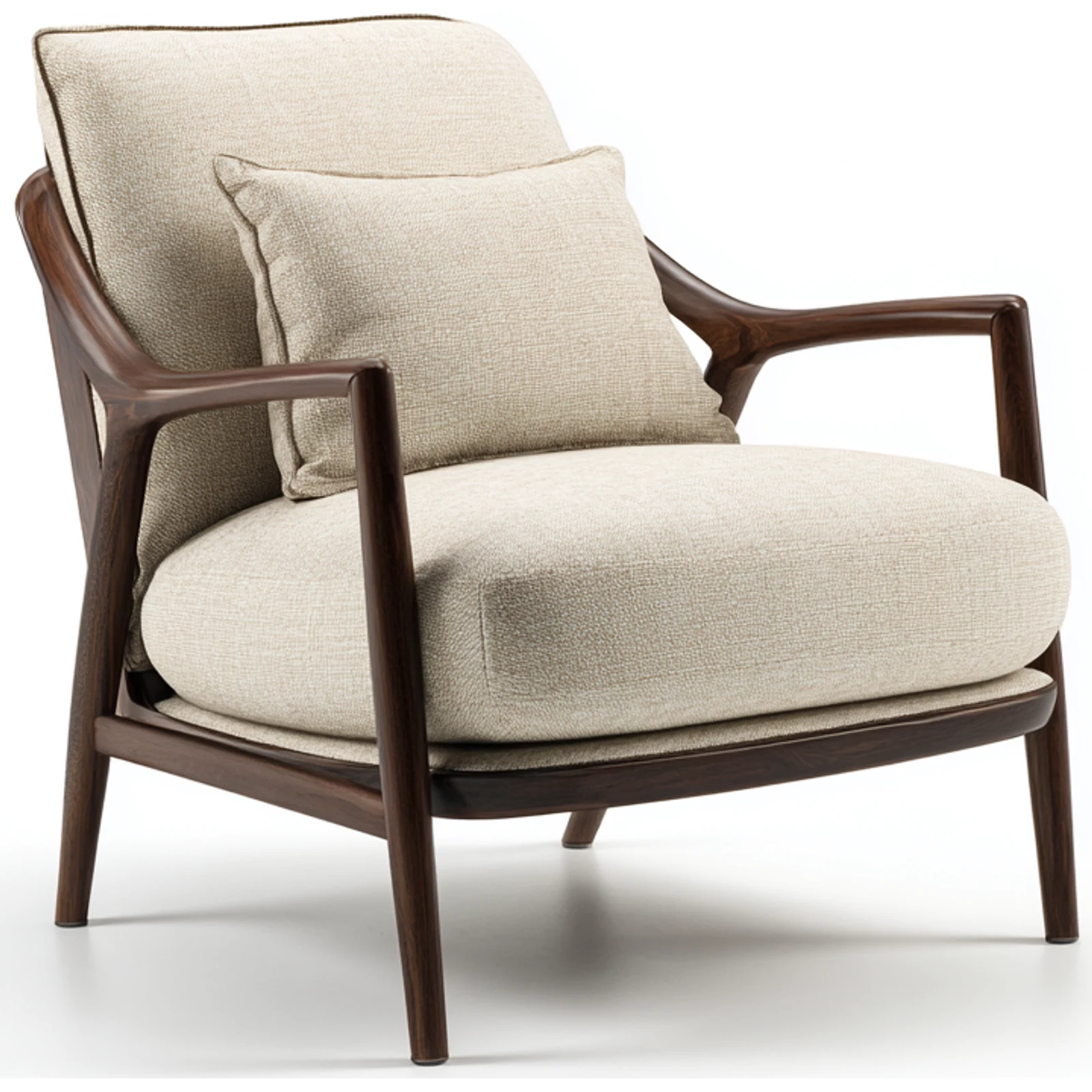 A refined lounge chair in rich dark timber with plush, neutral upholstery and a relaxed yet elegant silhouette.
