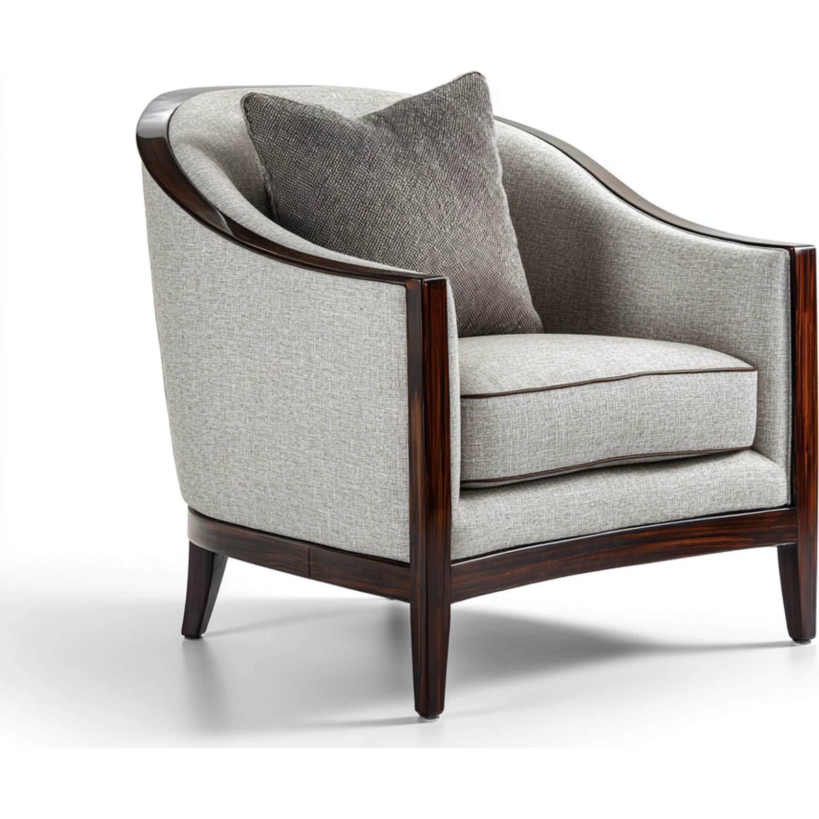 Elegant lounge chair with curved wood frame, textured light upholstery, and plush cushion.