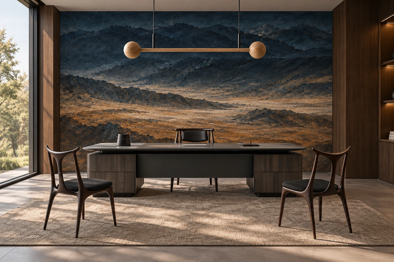 Beyond — Chairman’s Suite with mineral wallpaper and catalogue furniture