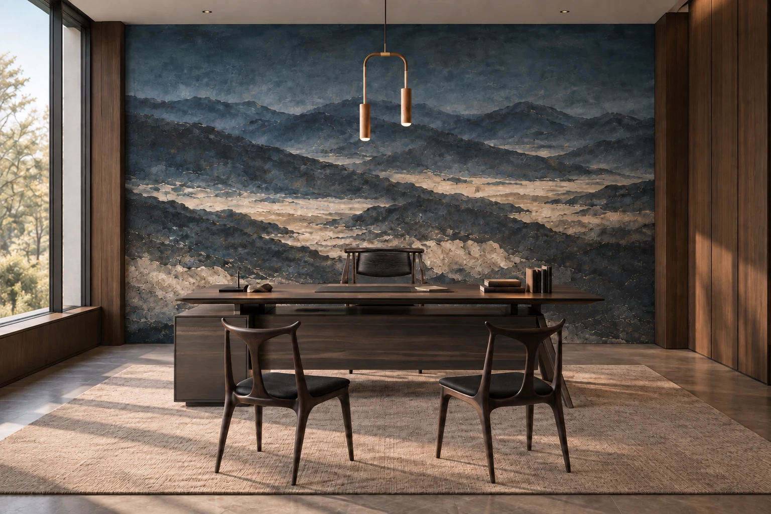 Blue Horizon — Private Office with mineral wallpaper and catalogue furniture