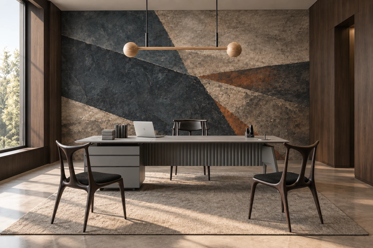 Forward wallpaper with Axium Desk, Foro Executive Chair, Arc 2, Meridian Pendant