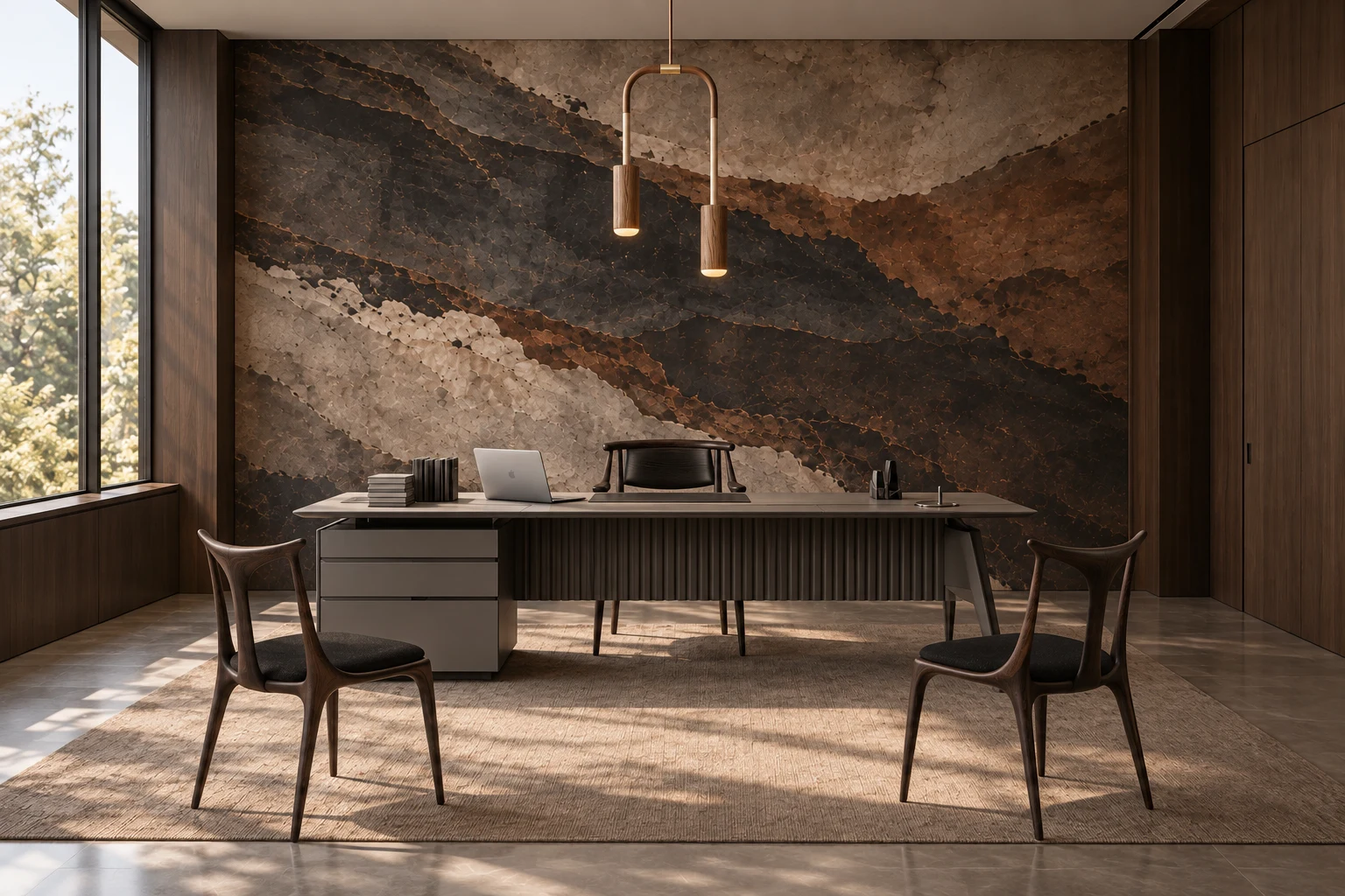 New Ground — Founder’s Office with mineral wallpaper and catalogue furniture