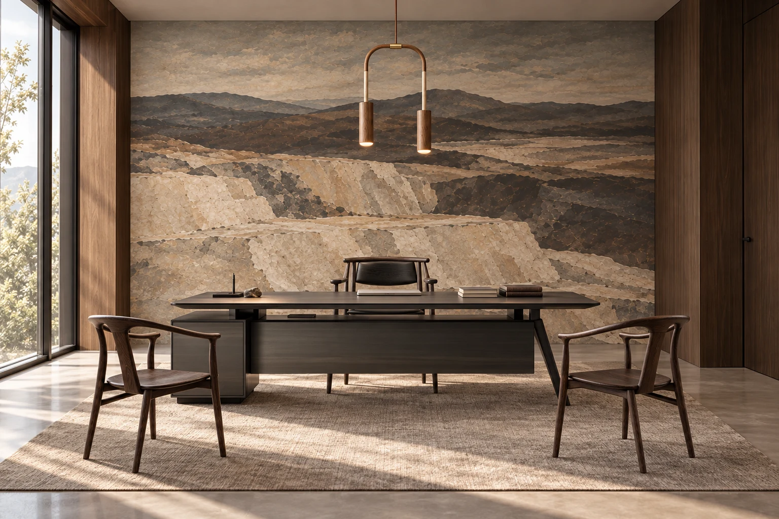 Open Ground — Private Office with mineral wallpaper and catalogue furniture