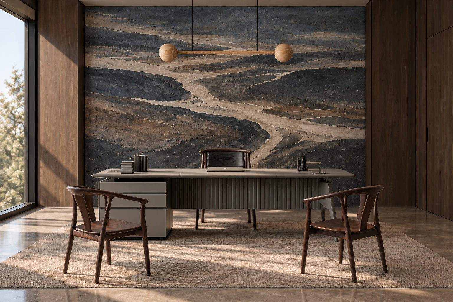 Together — CXO Suite with mineral wallpaper and catalogue furniture