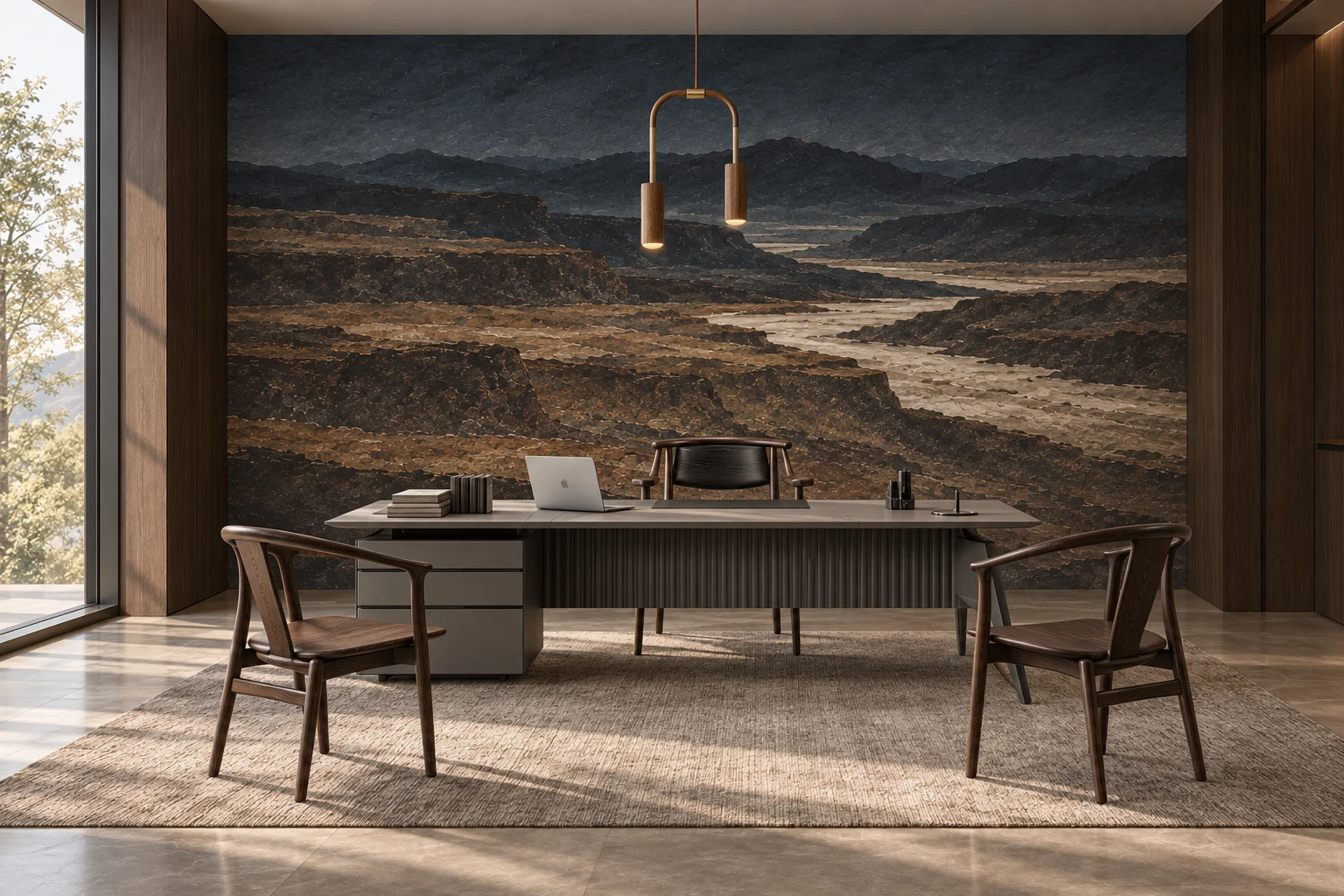 Uncharted — Founder’s Office with mineral wallpaper and catalogue furniture