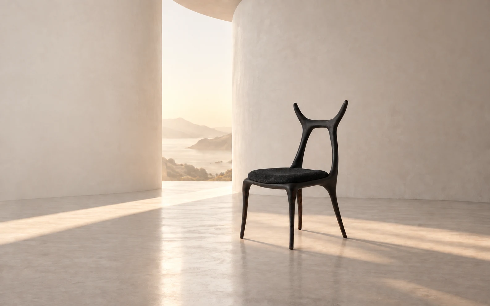 Oryxis ARC I chair standing directly on a pale stone floor in an architectural light study