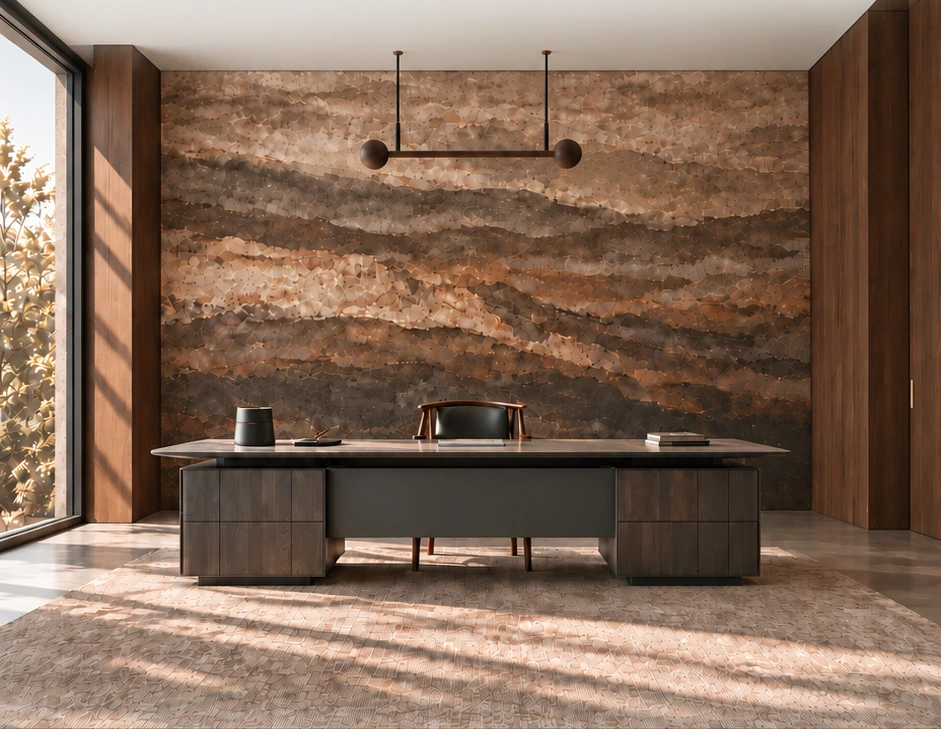 Foundation: wallpaper-led Chairman’s Suite, desk and rear executive chair, with no front chairs